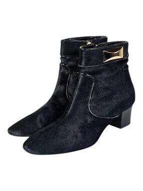 Oscar de la Renta Black Pony Hair Leather Ankle Boots Gold Accents Size 38